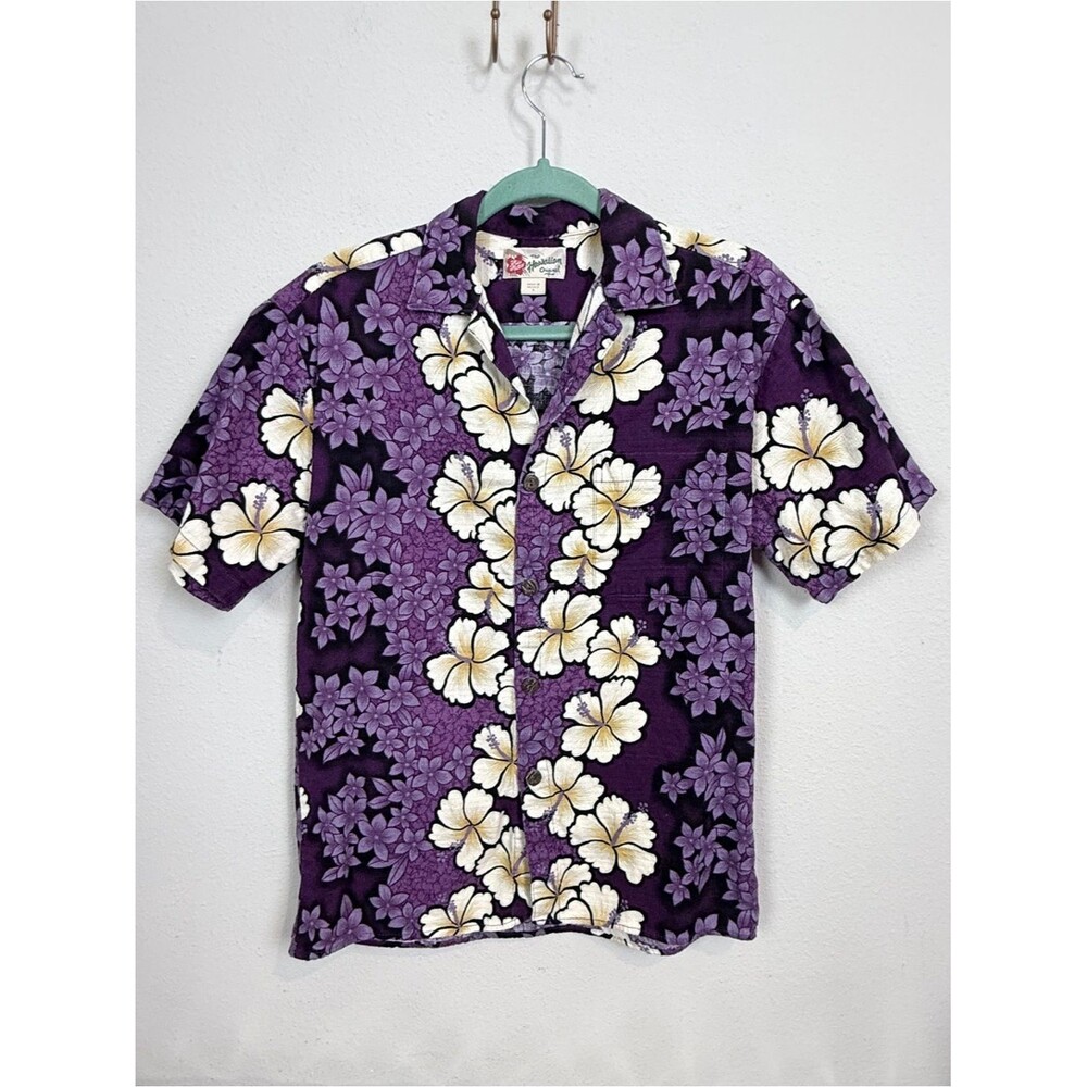 Vintage Hilo Hattie Purple Hawaiian Barkcloth Floral Aloha Shirt S